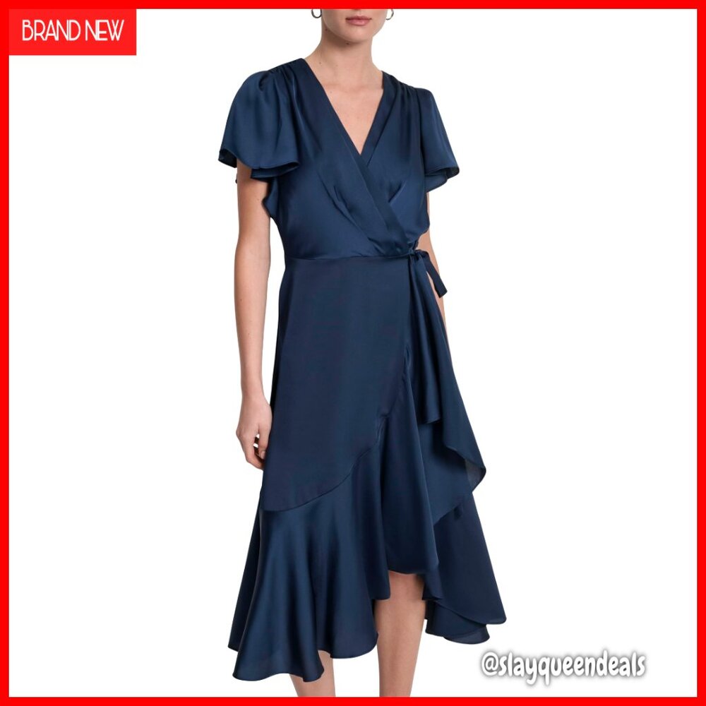 Cap Sleeve Surplice Neck Faux Wrap Midi Dress, Polyester, Travel Ready